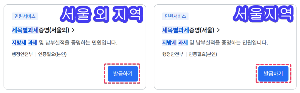 지방세 과세증명서(세목별) 발급방법(재산세, 자동차세) 3 지방세 세목별 지역 선택